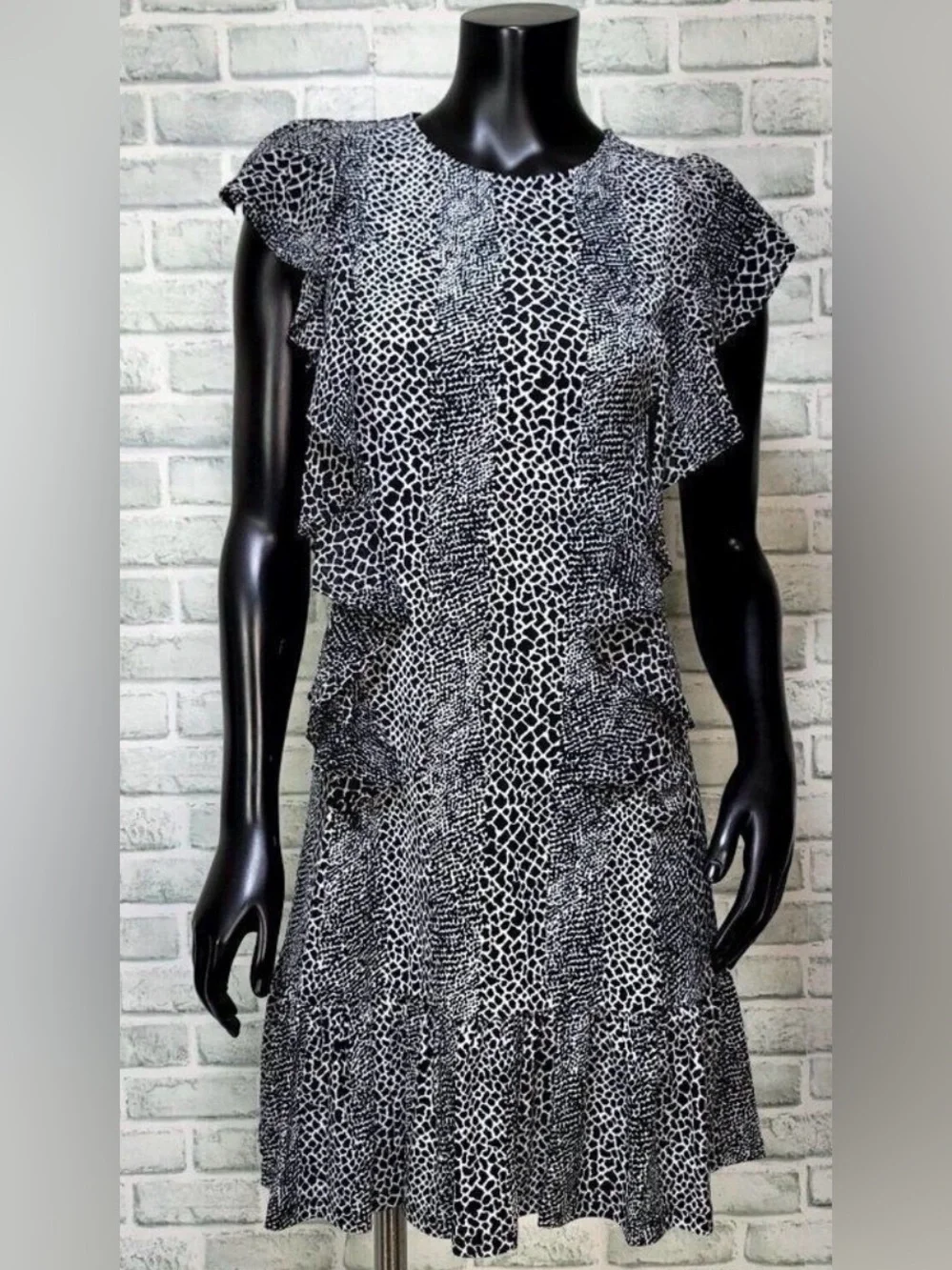 Women's Michael Kors Snakeskin Ruffle Shift Mini Dress Black White Size Medium